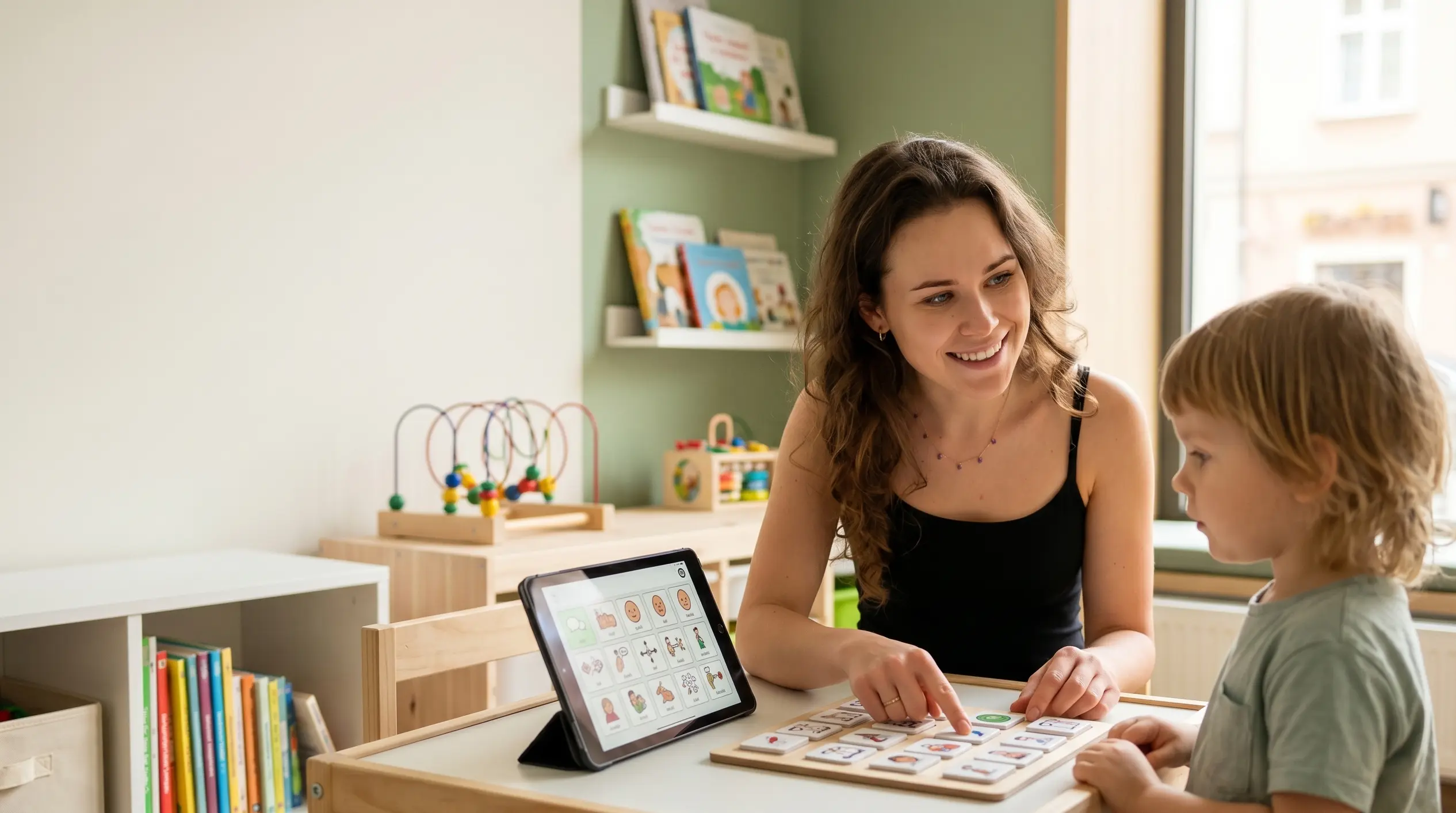 Rodzic i dziecko korzystają z tablicy AAC podczas wspólnej zabawy