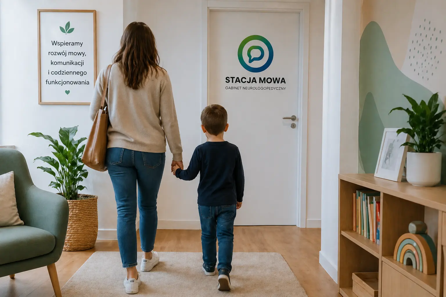 Parent and child walking together towards a speech therapy clinic room