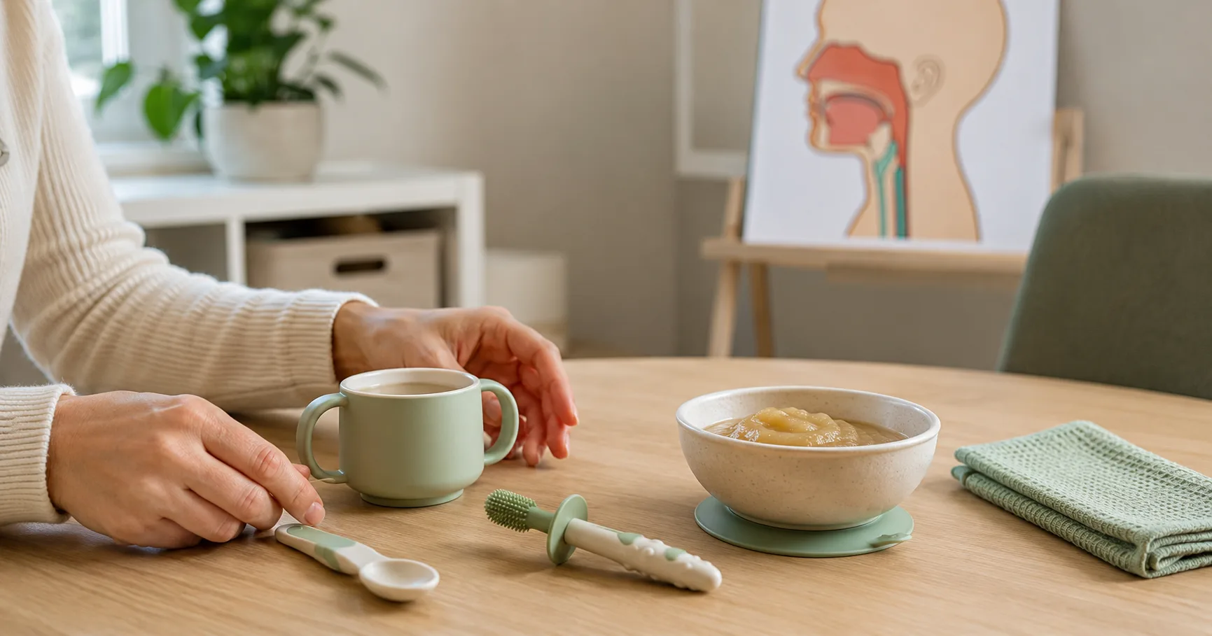Ilustracja terapii zaburzeń połykania u dziecka – anatomiczne narzędzia logopedyczne i łyżeczka do karmienia