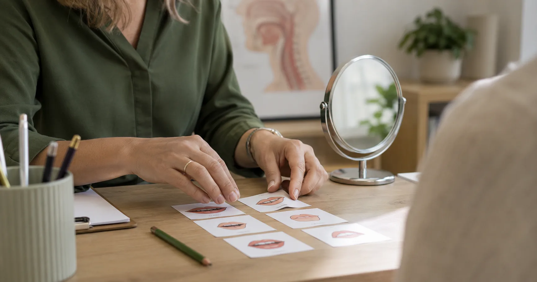 Terapeuta pracujący z pacjentem nad ćwiczeniami mowy przy dyzartrii neurologicznej