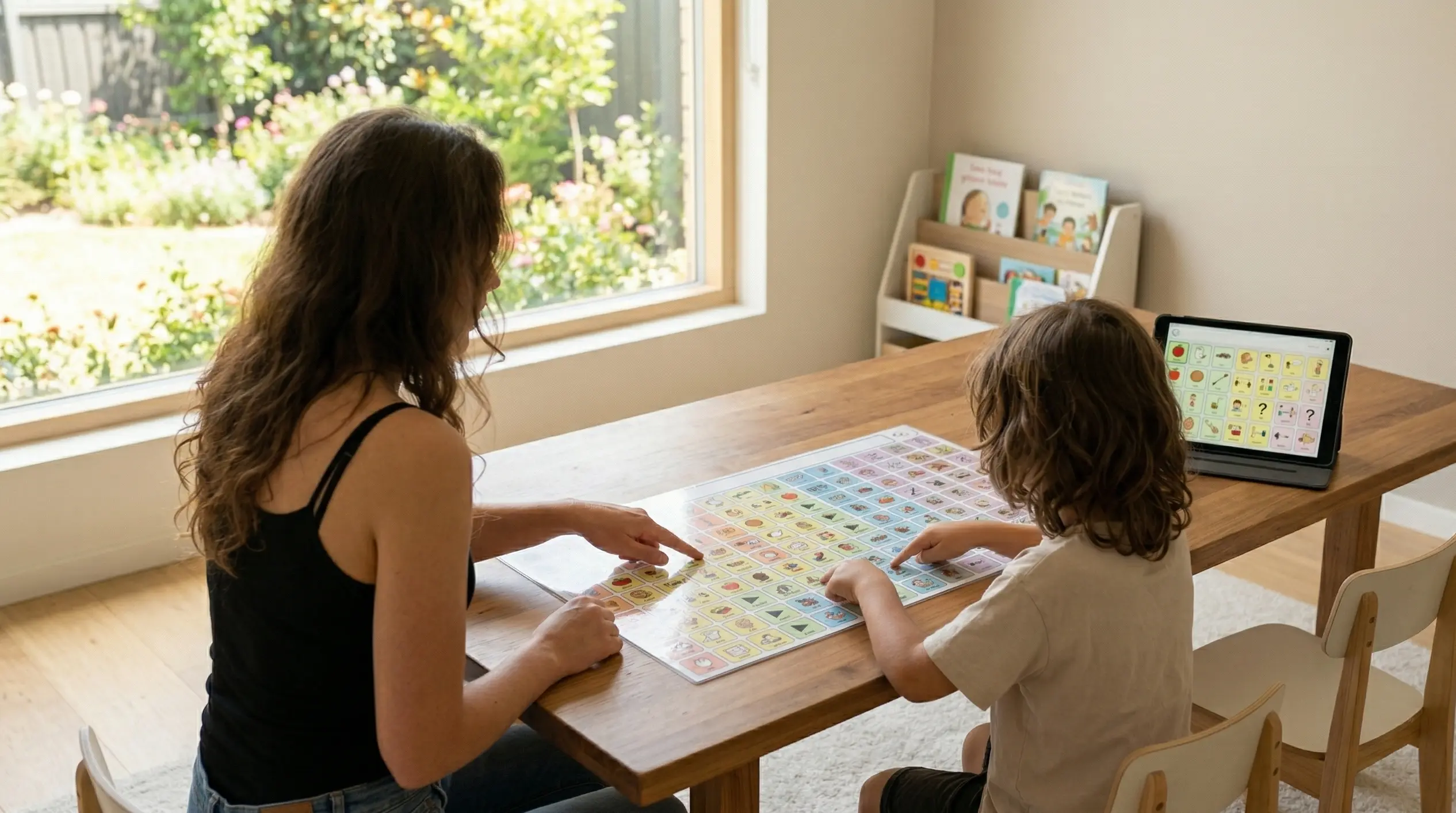 Terapeutka wspiera dziecko podczas wprowadzania komunikacji AAC z tablicą symboli
