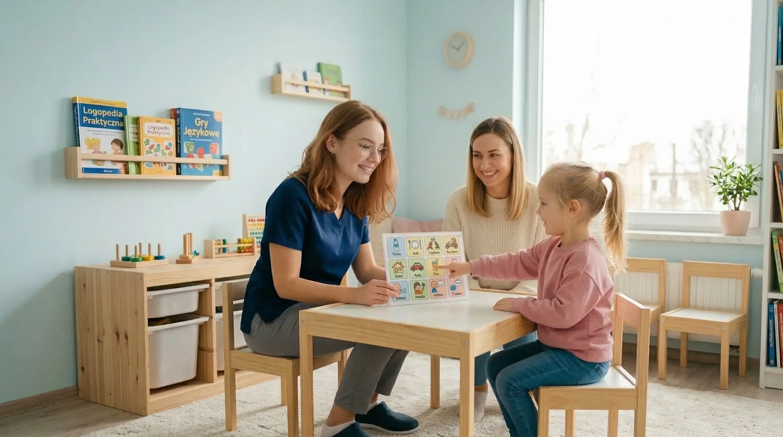 Terapeutka wspiera dziecko podczas ćwiczeń AAC z symbolami