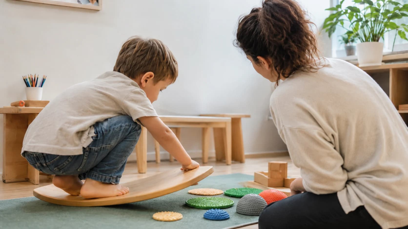 Child in a sensory integration therapy room with swings and sensory materials