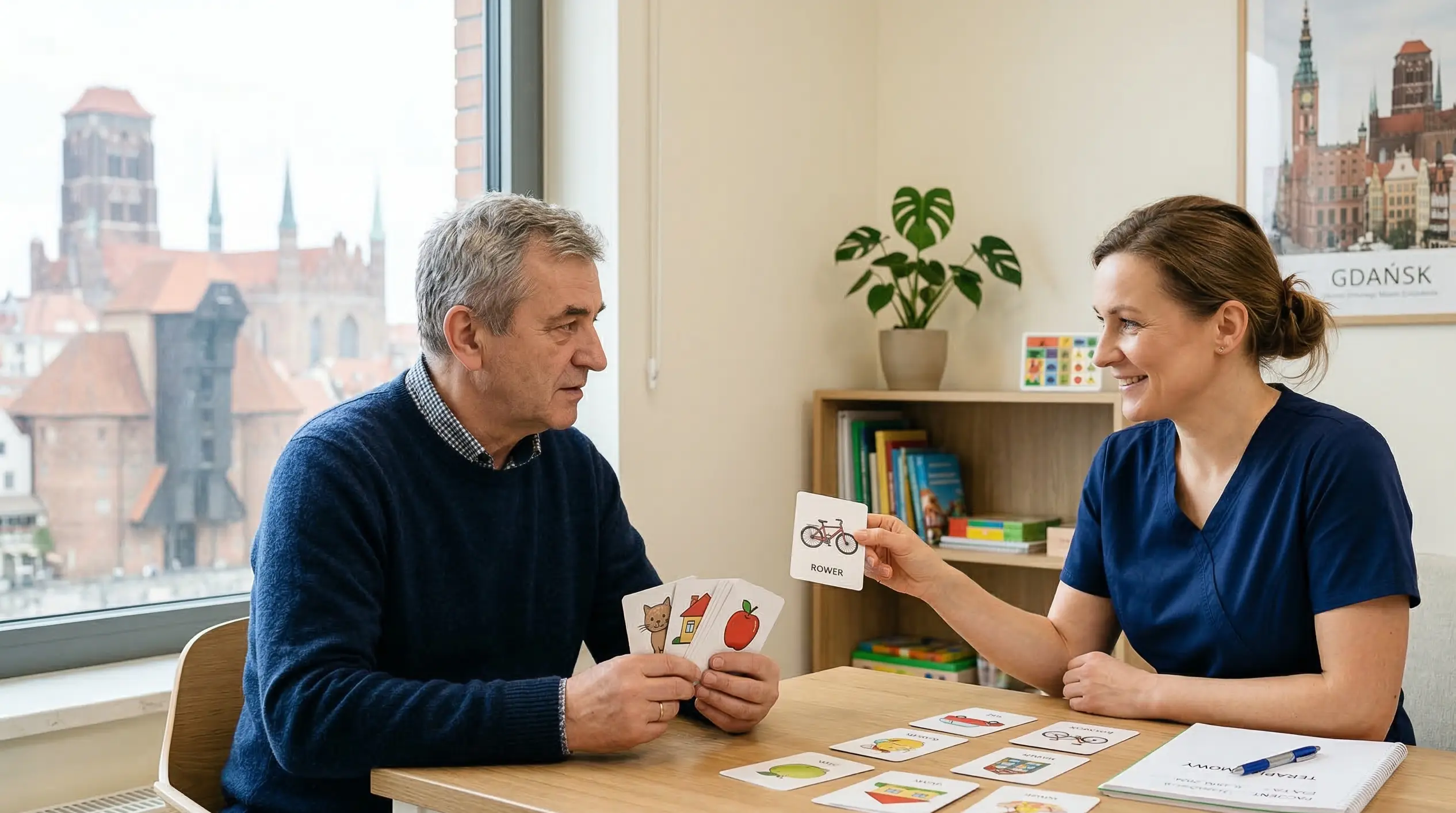 Neurologopeda podczas terapii mowy po udarze w gabinecie w Gdańsku