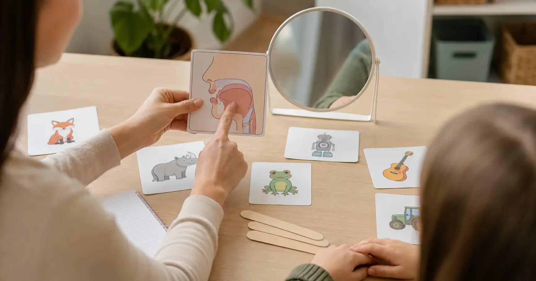 Logopeda z dzieckiem podczas ćwiczeń artykulacyjnych wspierających prawidłową wymowę głoski r