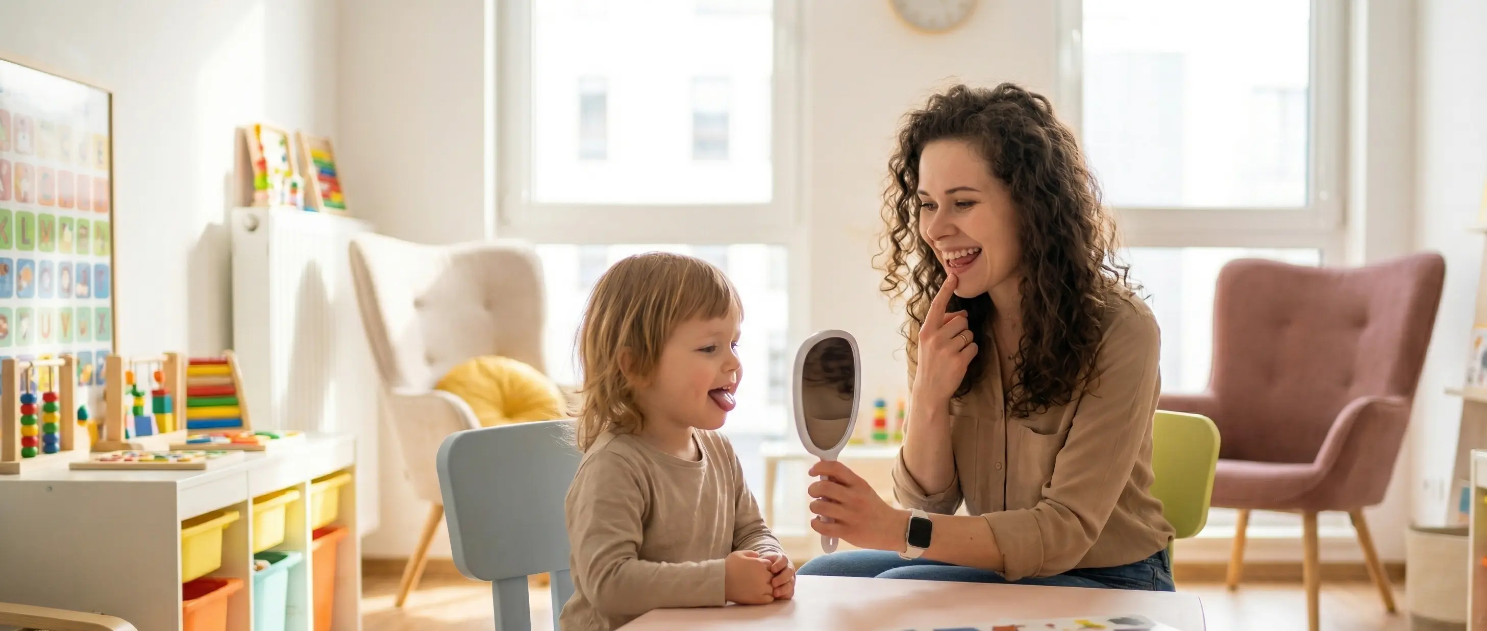 Logopeda pokazuje dziecku prawidłowe ułożenie języka podczas ćwiczeń na seplenienie