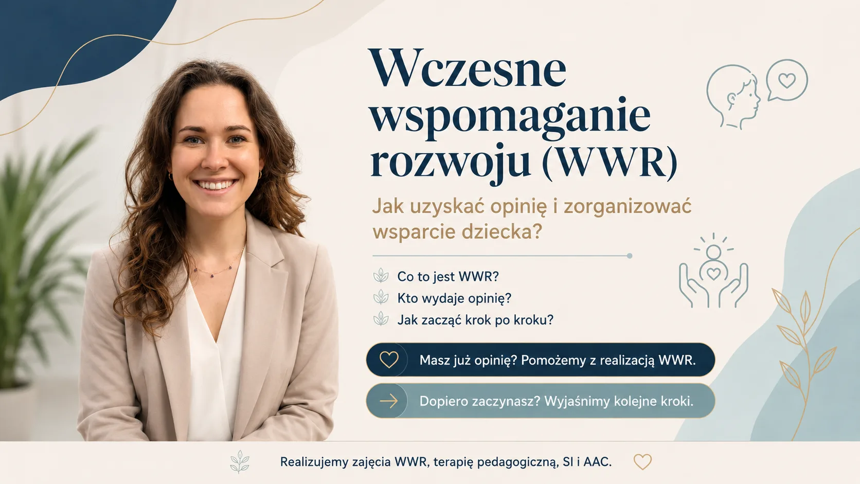 Specjalistka StacjaMowa obok hasła o wczesnym wspomaganiu rozwoju i pytań o uzyskanie opinii z poradni