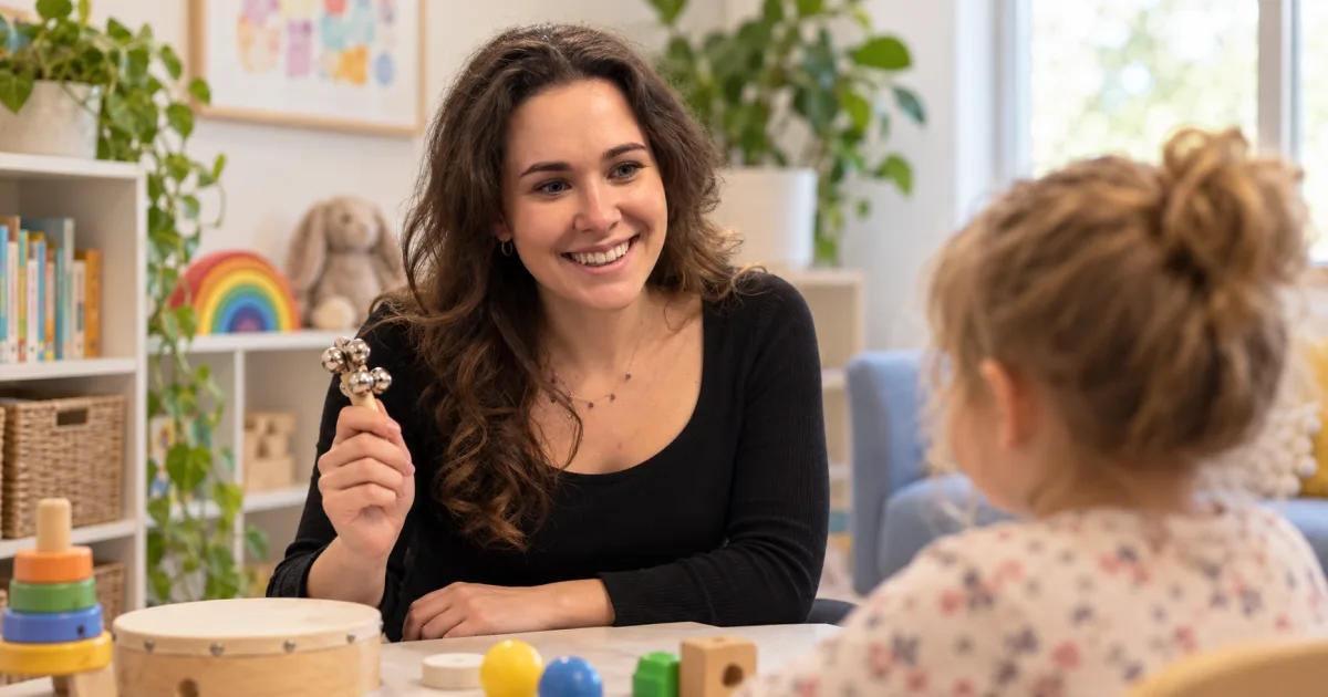 Therapist doing a listening exercise with jingle bells with a small child in a bright therapy room